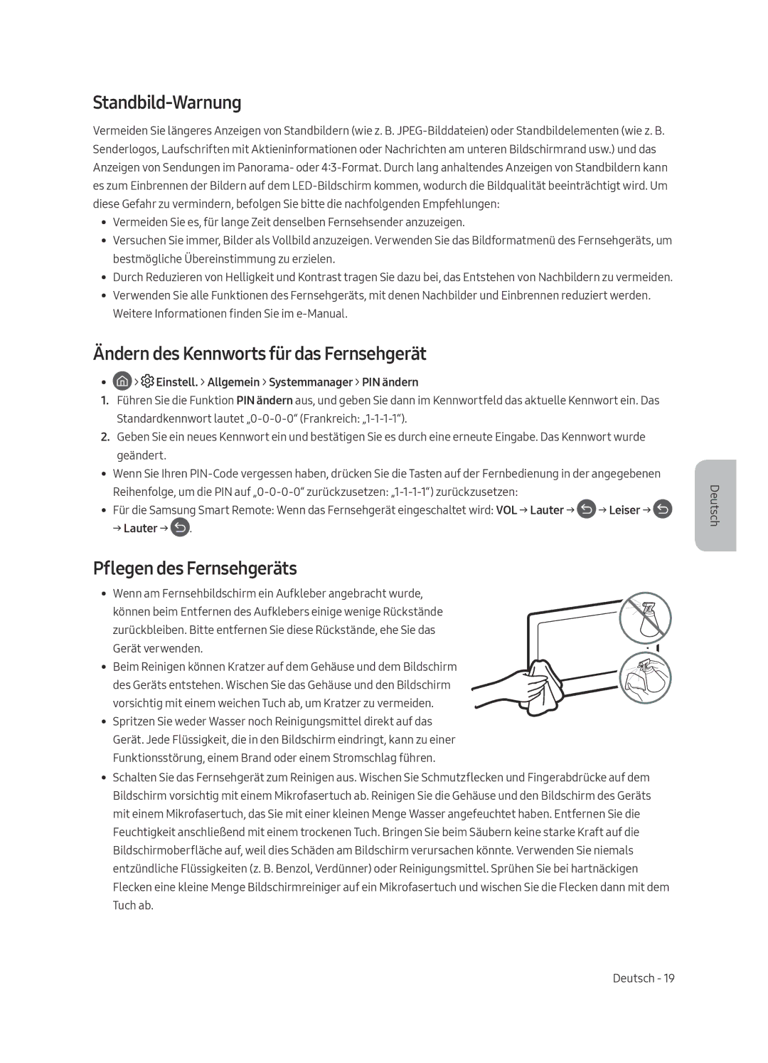 Samsung UE65MU6475UXXC Standbild-Warnung, Ändern des Kennworts für das Fernsehgerät, Pflegen des Fernsehgeräts, → Lauter → 