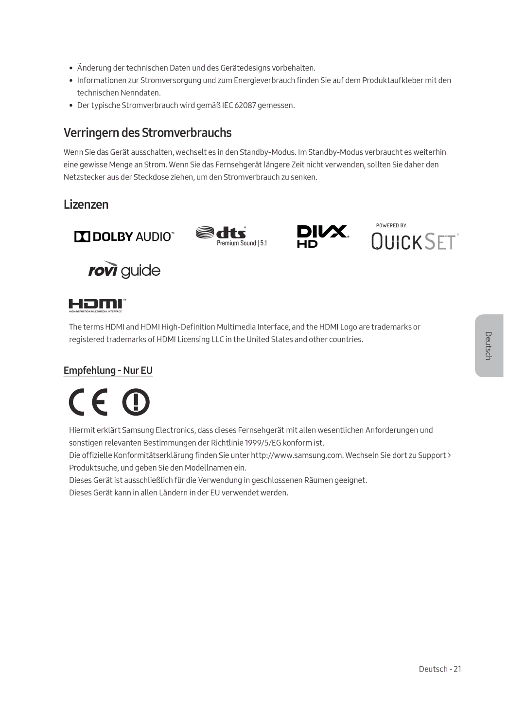 Samsung UE49MU6455UXXC, UE40MU6455UXXC, UE49MU6475UXXC manual Verringern des Stromverbrauchs, Lizenzen, Empfehlung Nur EU 