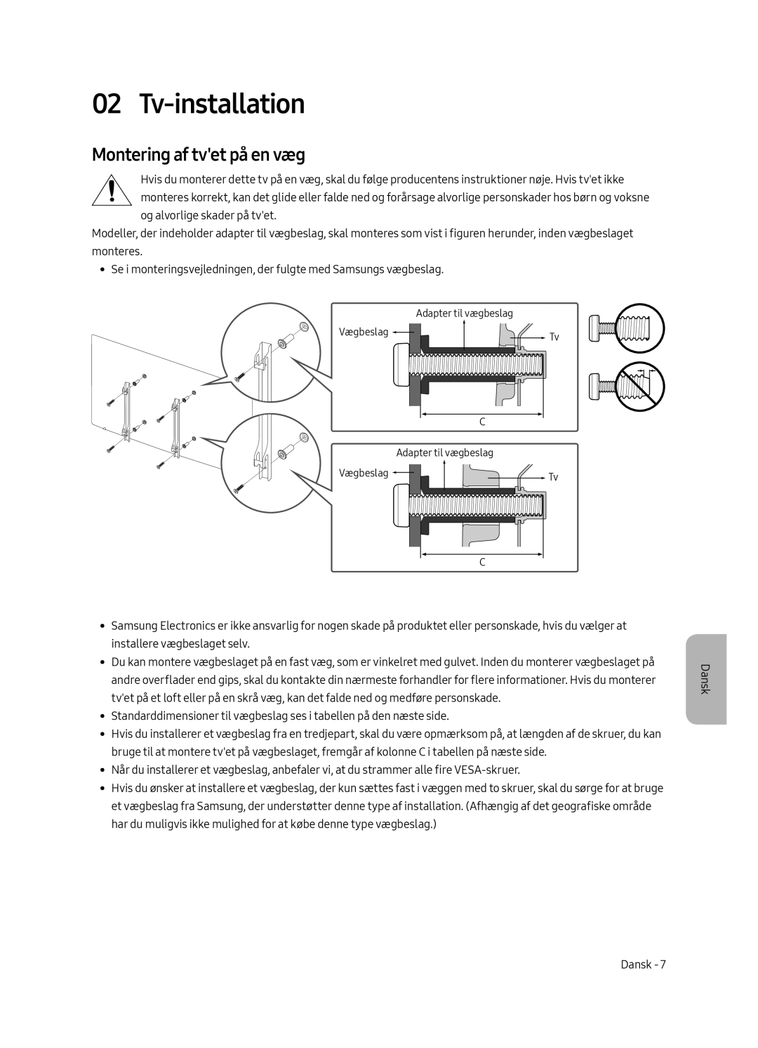 Samsung UE55MU6455UXXC, UE40MU6455UXXC, UE49MU6455UXXC, UE49MU6475UXXC manual Tv-installation, Montering af tvet på en væg 