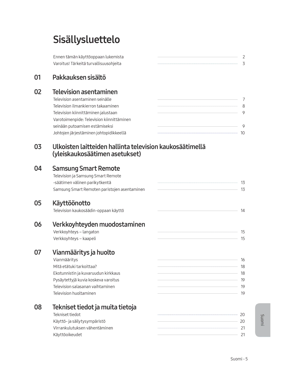 Samsung UE49MU6455UXXC, UE40MU6455UXXC, UE49MU6475UXXC, UE65MU6445UXXC, UE55MU6445UXXC, UE40MU6445UXXC manual Sisällysluettelo 