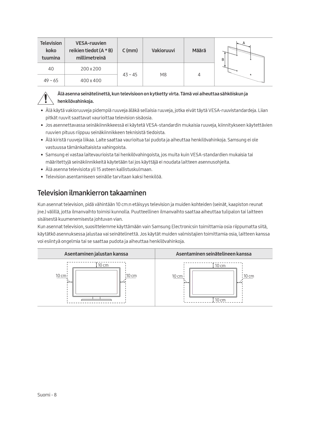 Samsung UE55MU6445UXXC manual Television ilmankierron takaaminen, Television VESA-ruuvien, Tuumina Millimetreinä, Määrä 