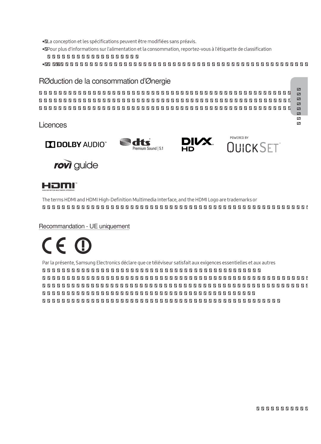 Samsung UE55MU6455UXXC, UE40MU6455UXXC, UE49MU6455UXXC Réduction de la consommation dénergie, Recommandation UE uniquement 