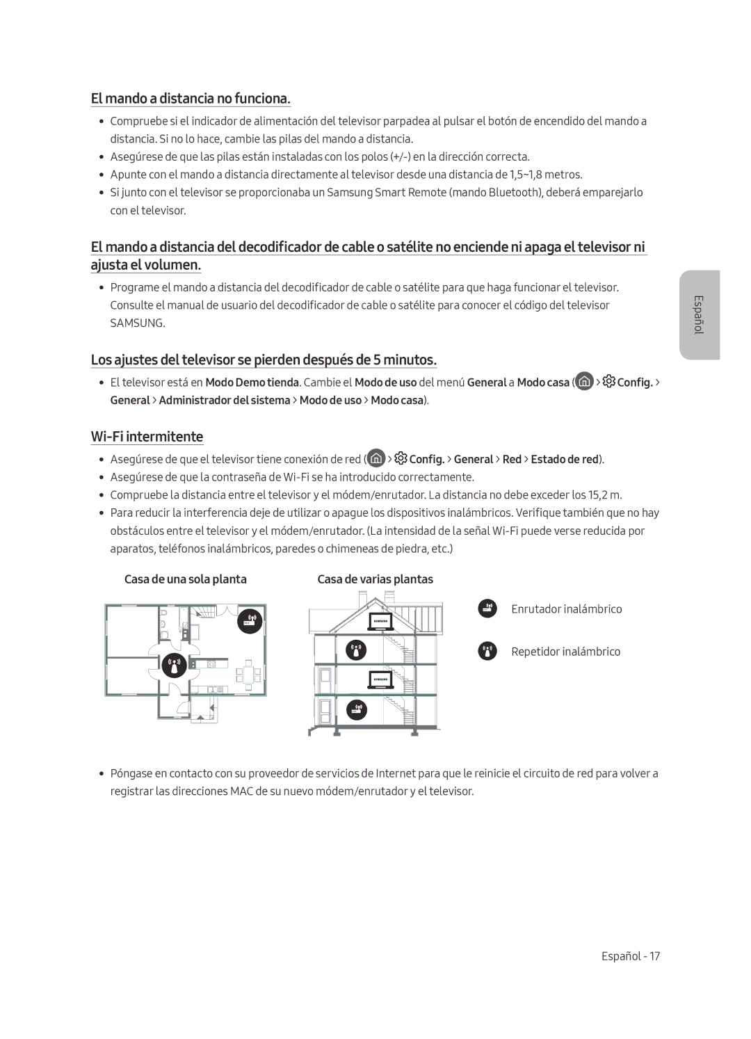 Samsung UE49MU6455UXXC manual El mando a distancia no funciona, Los ajustes del televisor se pierden después de 5 minutos 