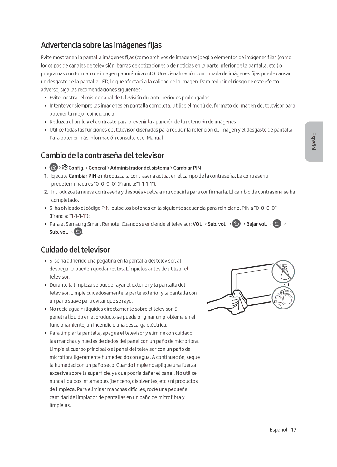 Samsung UE65MU6445UXXC Advertencia sobre las imágenes fijas, Cambio de la contraseña del televisor, Cuidado del televisor 