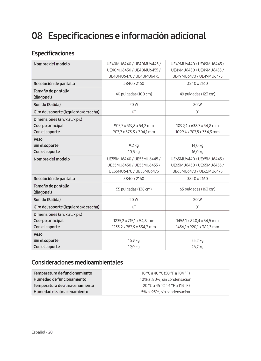 Samsung UE55MU6445UXXC, UE40MU6455UXXC manual Especificaciones e información adicional, Consideraciones medioambientales 