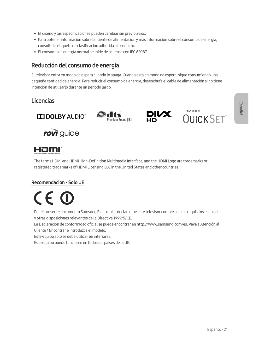 Samsung UE40MU6445UXXC, UE40MU6455UXXC, UE49MU6455UXXC Reducción del consumo de energía, Licencias, Recomendación Solo UE 