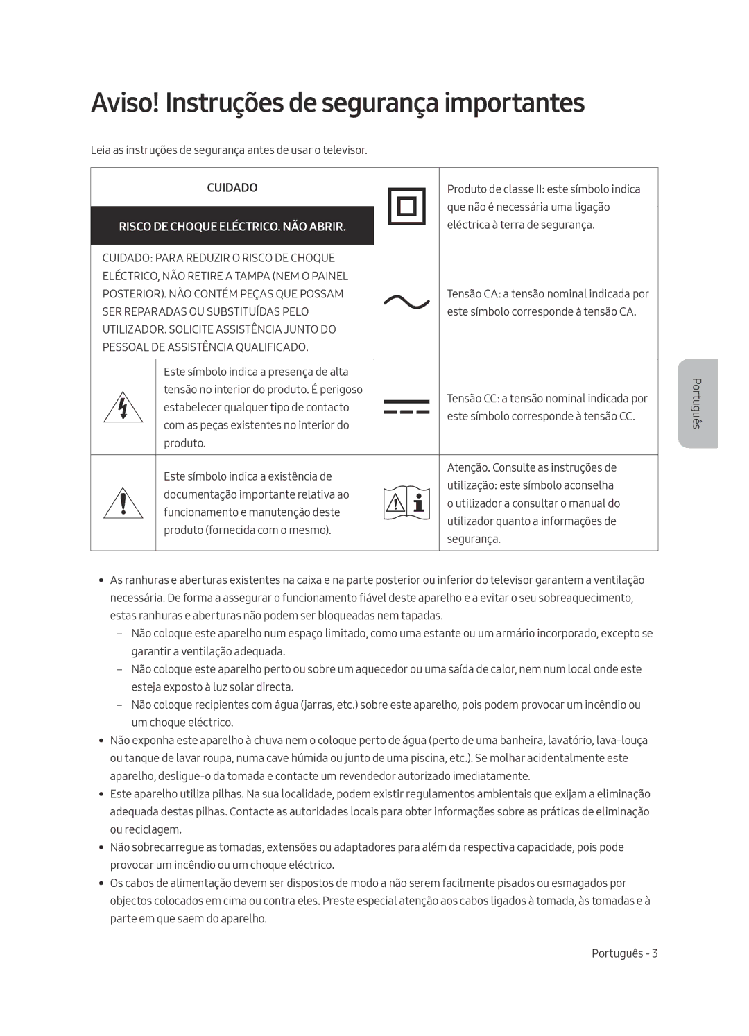 Samsung UE55MU6475UXXC, UE40MU6455UXXC Aviso! Instruções de segurança importantes, Risco DE Choque ELÉCTRICO. NÃO Abrir 