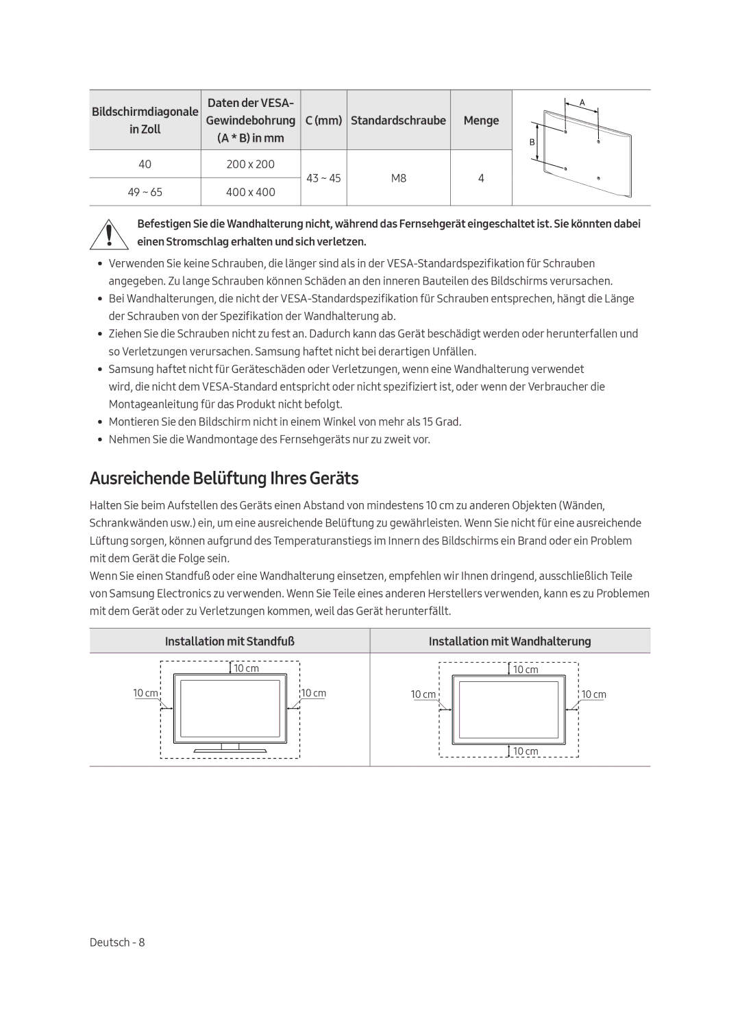 Samsung UE40MU6455UXXC manual Ausreichende Belüftung Ihres Geräts, Installation mit Standfuß Installation mit Wandhalterung 