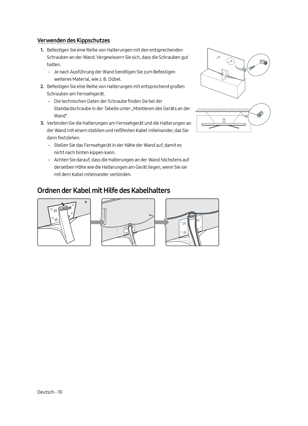 Samsung UE49MU6475UXXC, UE40MU6455UXXC manual Ordnen der Kabel mit Hilfe des Kabelhalters, Verwenden des Kippschutzes 