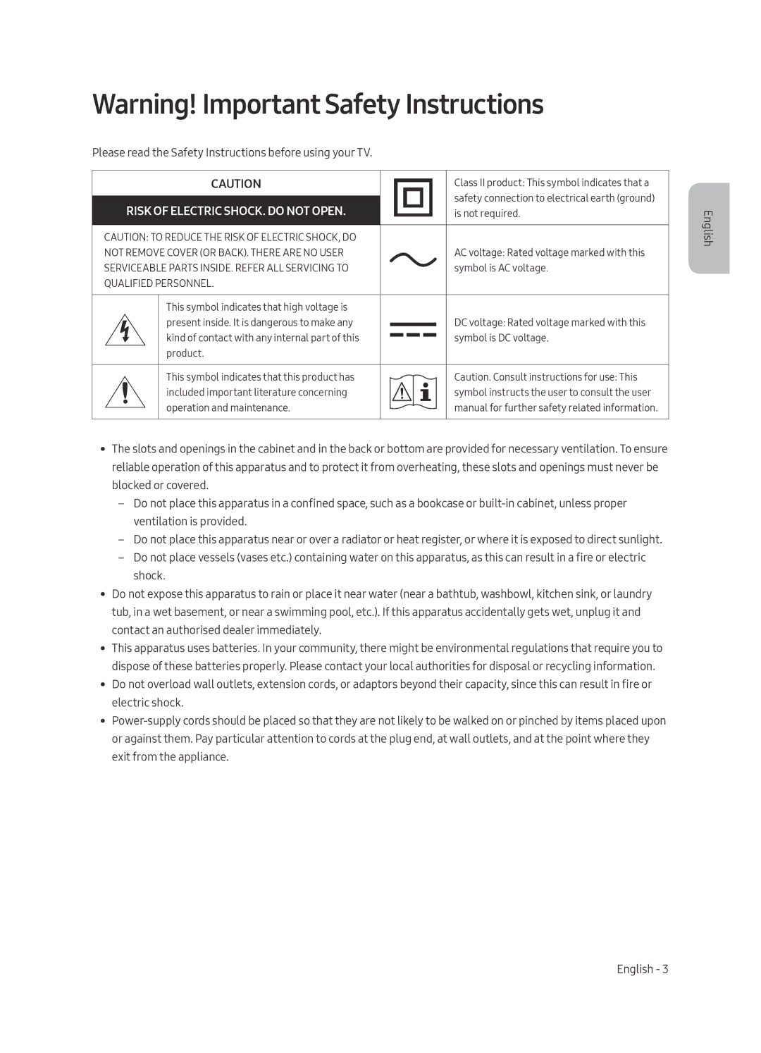 Samsung UE40MU6450UXRU, UE40MU6470UXRU, UE49MU6450UXRU, UE49MU6470UXRU, UE55MU6450UXRU Risk of Electric SHOCK. do not Open 