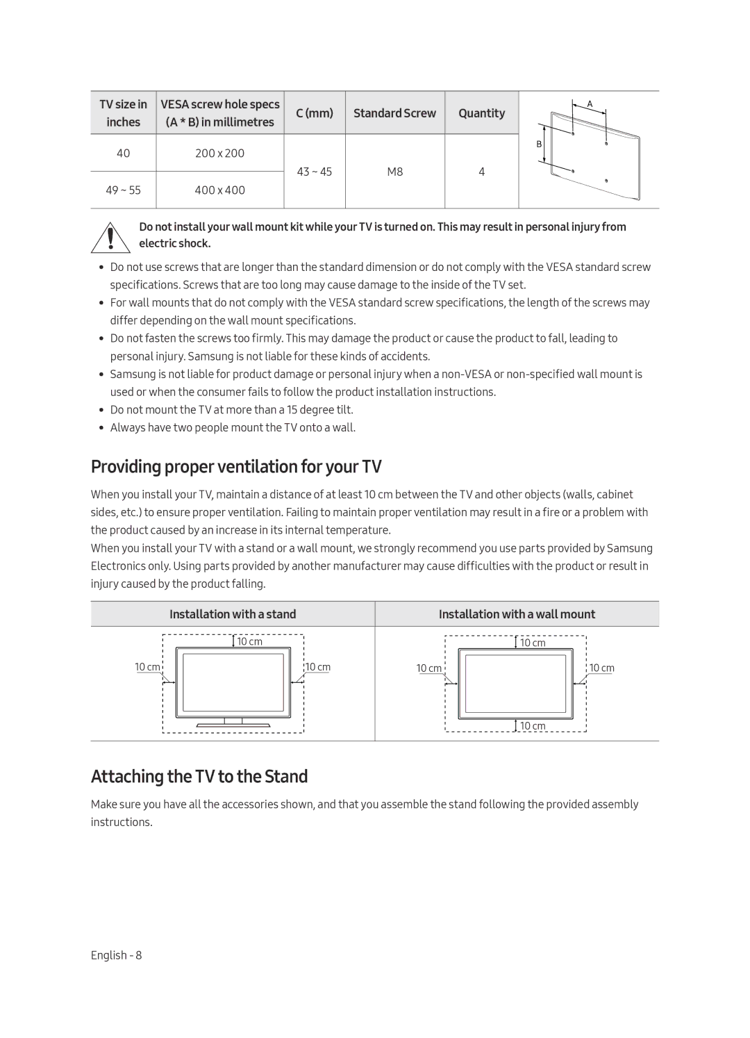 Samsung UE40MU6470UXRU manual Providing proper ventilation for your TV, Attaching the TV to the Stand, Mm Standard Screw 