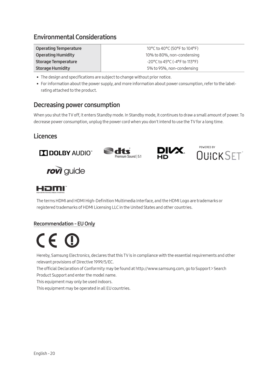 Samsung UE40MU6470UXRU manual Environmental Considerations, Decreasing power consumption, Licences, Recommendation EU Only 