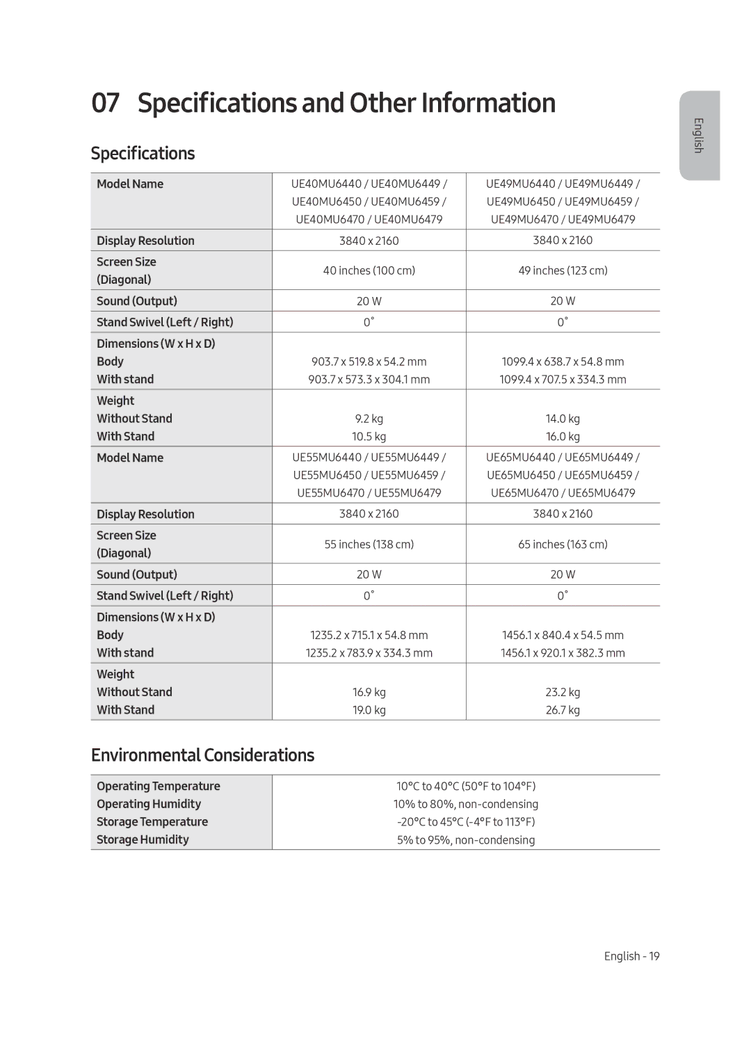 Samsung UE49MU6470UXZT, UE40MU6479UXZG, UE65MU6449UXZG Specifications and Other Information, Environmental Considerations 