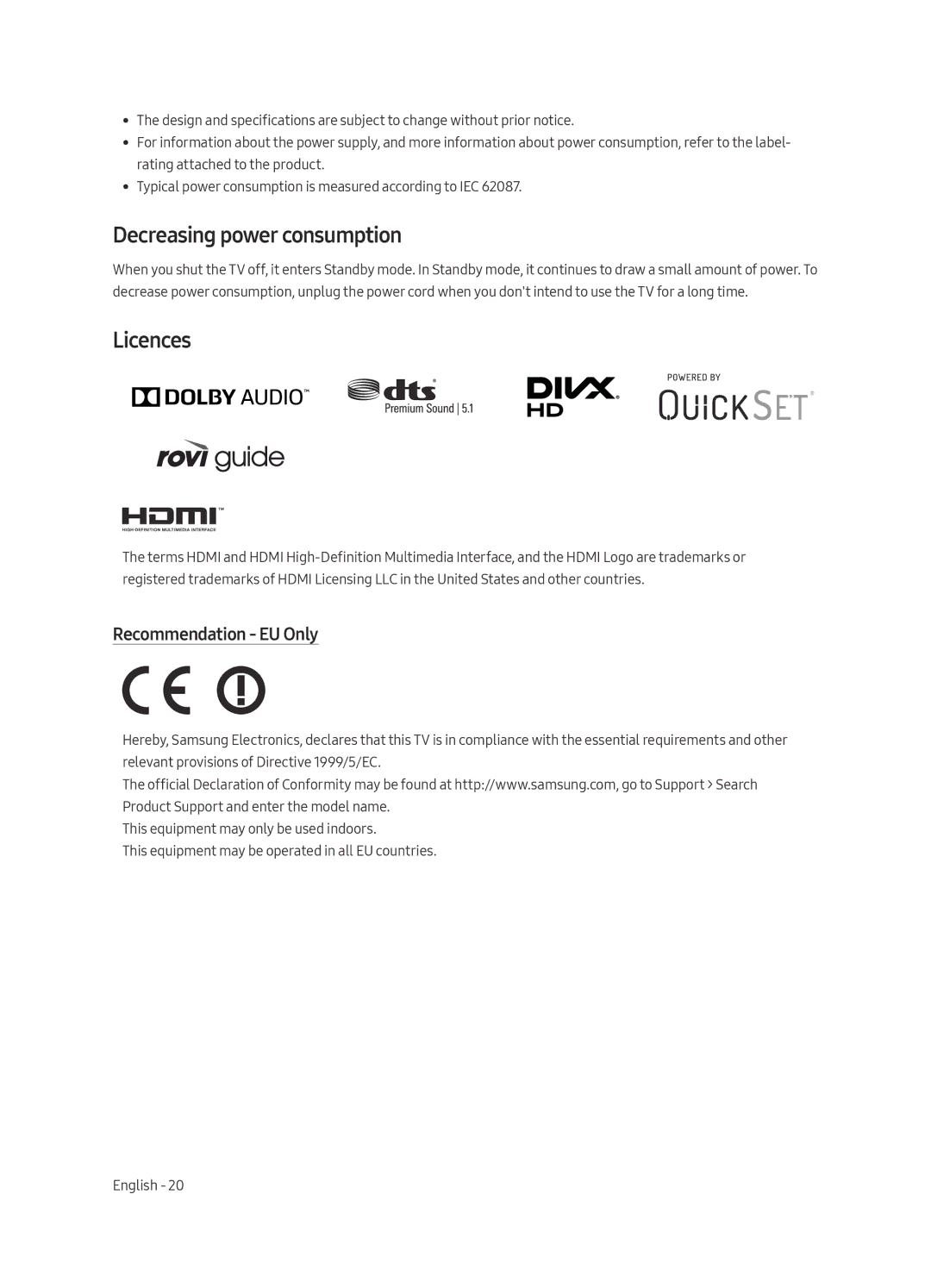 Samsung UE55MU6450UXZT, UE40MU6479UXZG, UE65MU6449UXZG manual Decreasing power consumption, Licences, Recommendation EU Only 