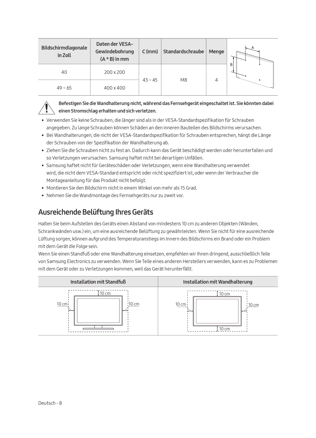 Samsung UE40MU6470UXXU, UE40MU6479UXZG, UE65MU6449UXZG, UE40MU6449UXZG Ausreichende Belüftung Ihres Geräts, Daten der Vesa 