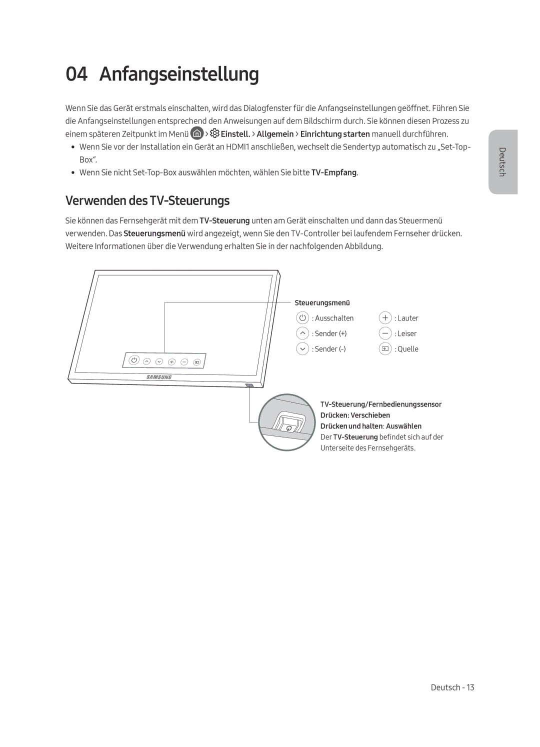 Samsung UE55MU6470UXXU, UE40MU6479UXZG, UE65MU6449UXZG, UE40MU6449UXZG manual Anfangseinstellung, Verwenden des TV-Steuerungs 