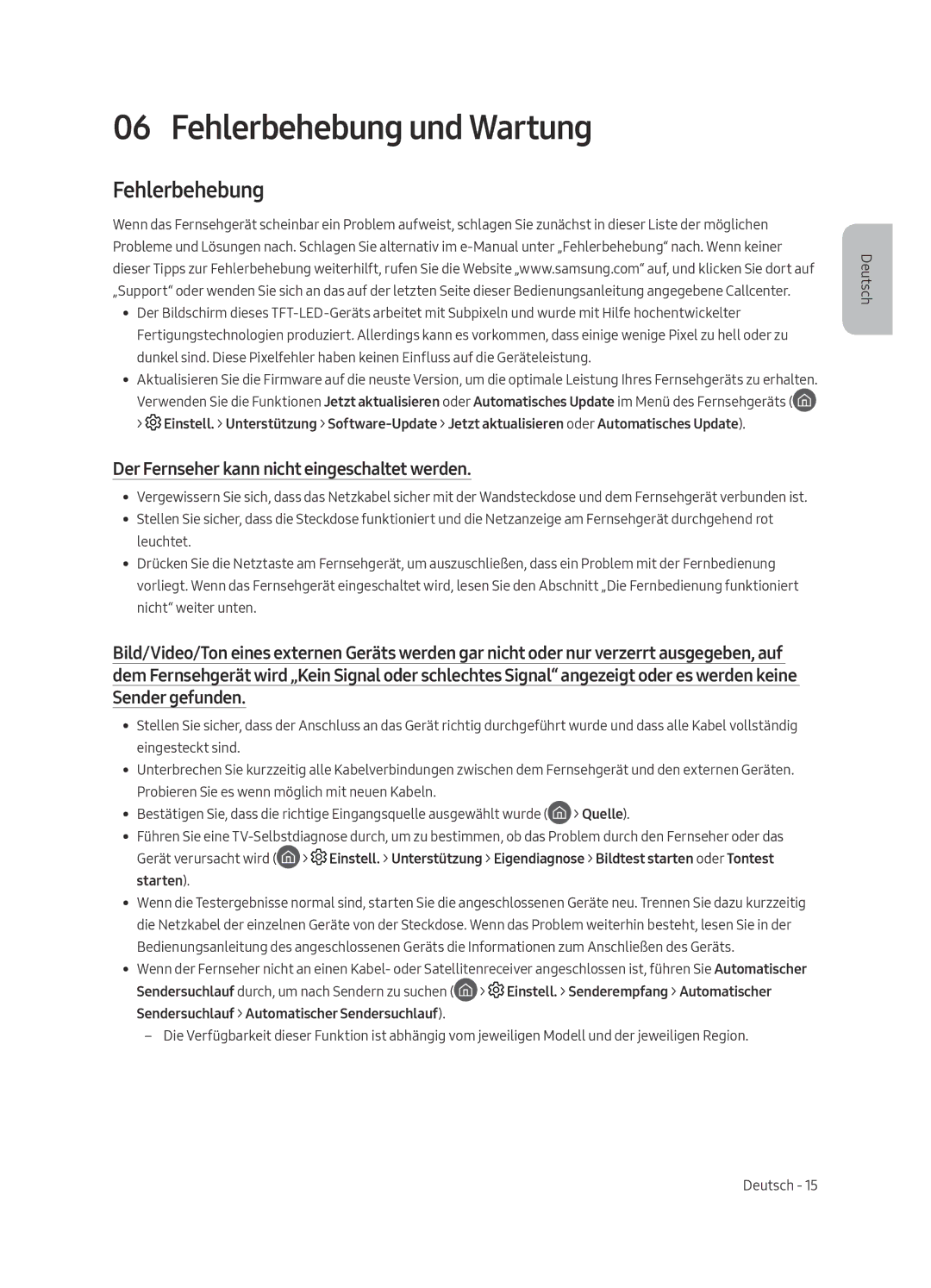 Samsung UE40MU6479UXZG, UE65MU6449UXZG manual Fehlerbehebung und Wartung, Der Fernseher kann nicht eingeschaltet werden 