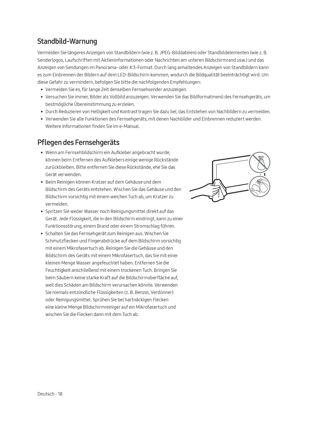 Samsung UE49MU6449UXZG, UE40MU6479UXZG, UE65MU6449UXZG, UE40MU6449UXZG manual Standbild-Warnung, Pflegen des Fernsehgeräts 