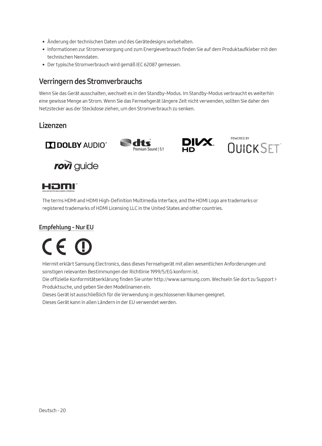 Samsung UE65MU6479UXZG, UE40MU6479UXZG, UE65MU6449UXZG manual Verringern des Stromverbrauchs, Lizenzen, Empfehlung Nur EU 