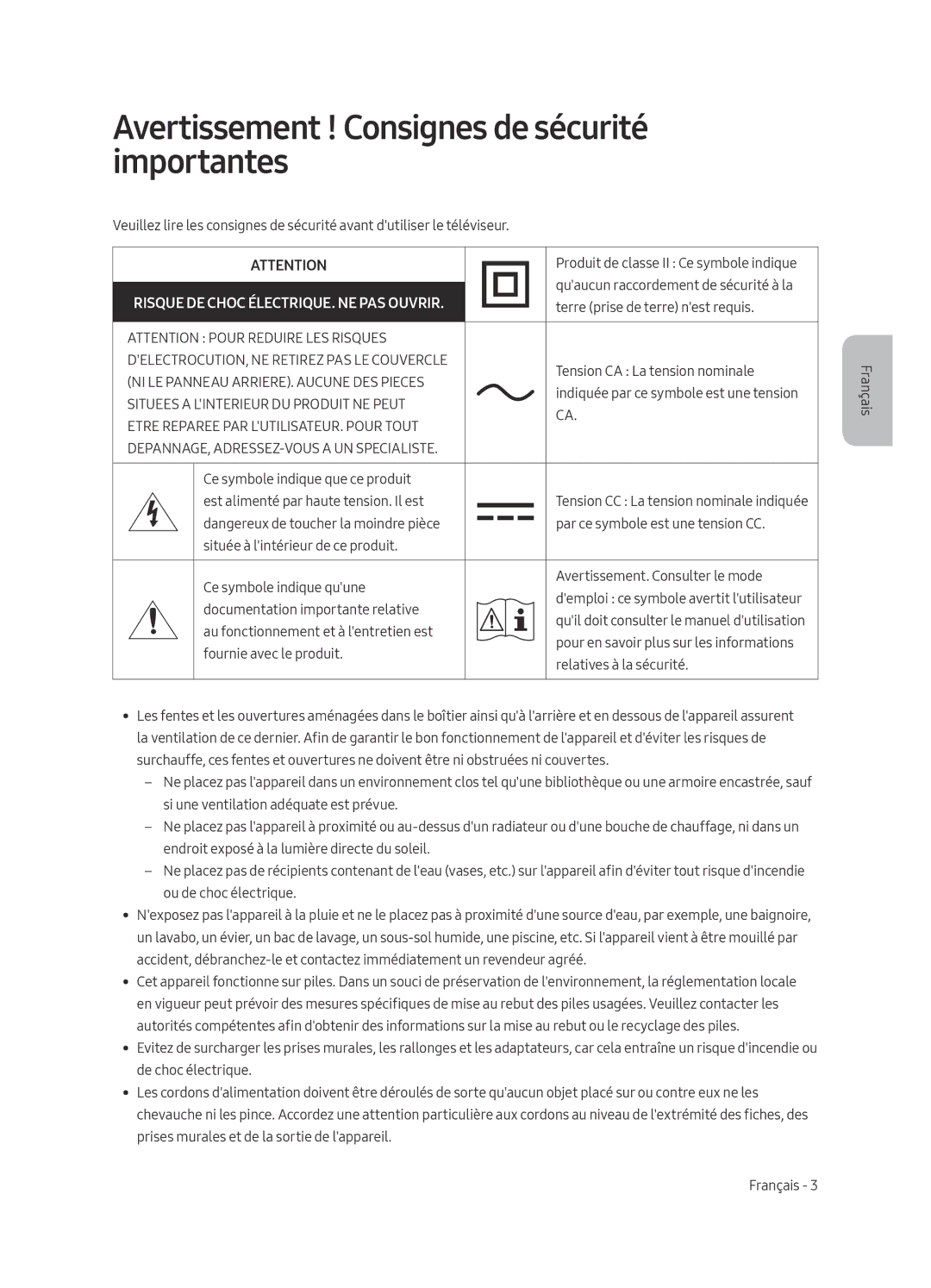 Samsung UE55MU6449UXZG manual Avertissement ! Consignes de sécurité importantes, Risque DE Choc ÉLECTRIQUE. NE PAS Ouvrir 