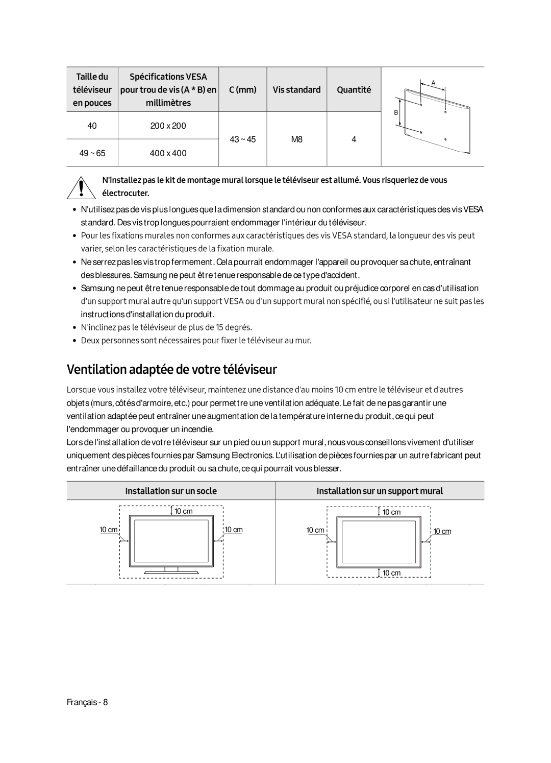 Samsung UE55MU6470UXZG Ventilation adaptée de votre téléviseur, Taille du Spécifications Vesa, Installation sur un socle 