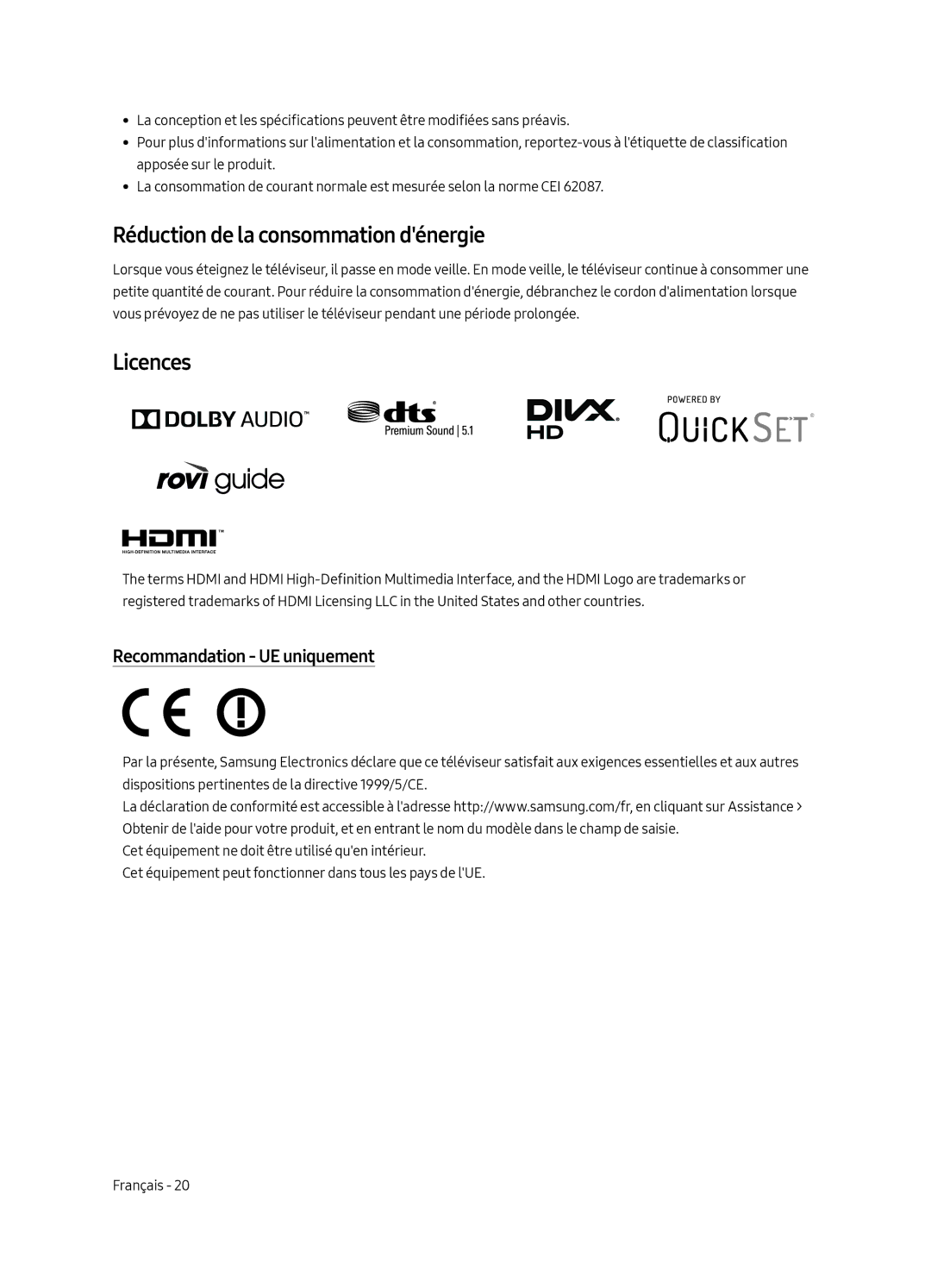 Samsung UE40MU6470UXZT, UE40MU6479UXZG, UE65MU6449UXZG Réduction de la consommation dénergie, Recommandation UE uniquement 