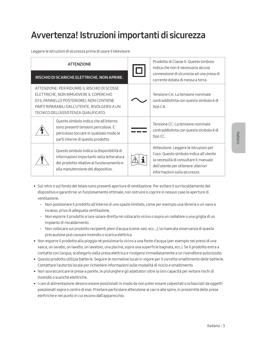 Samsung UE40MU6470UXXU, UE40MU6479UXZG, UE65MU6449UXZG, UE40MU6449UXZG manual Avvertenza! Istruzioni importanti di sicurezza 