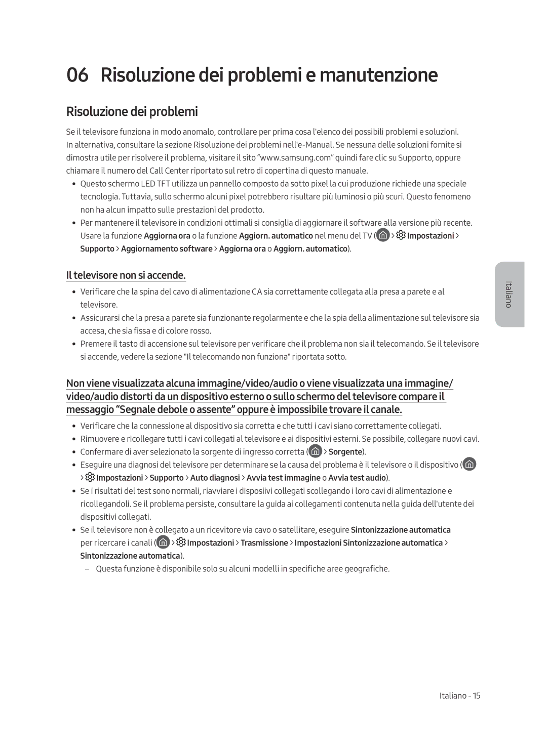 Samsung UE65MU6479UXZG, UE40MU6479UXZG, UE65MU6449UXZG manual Risoluzione dei problemi, Il televisore non si accende 