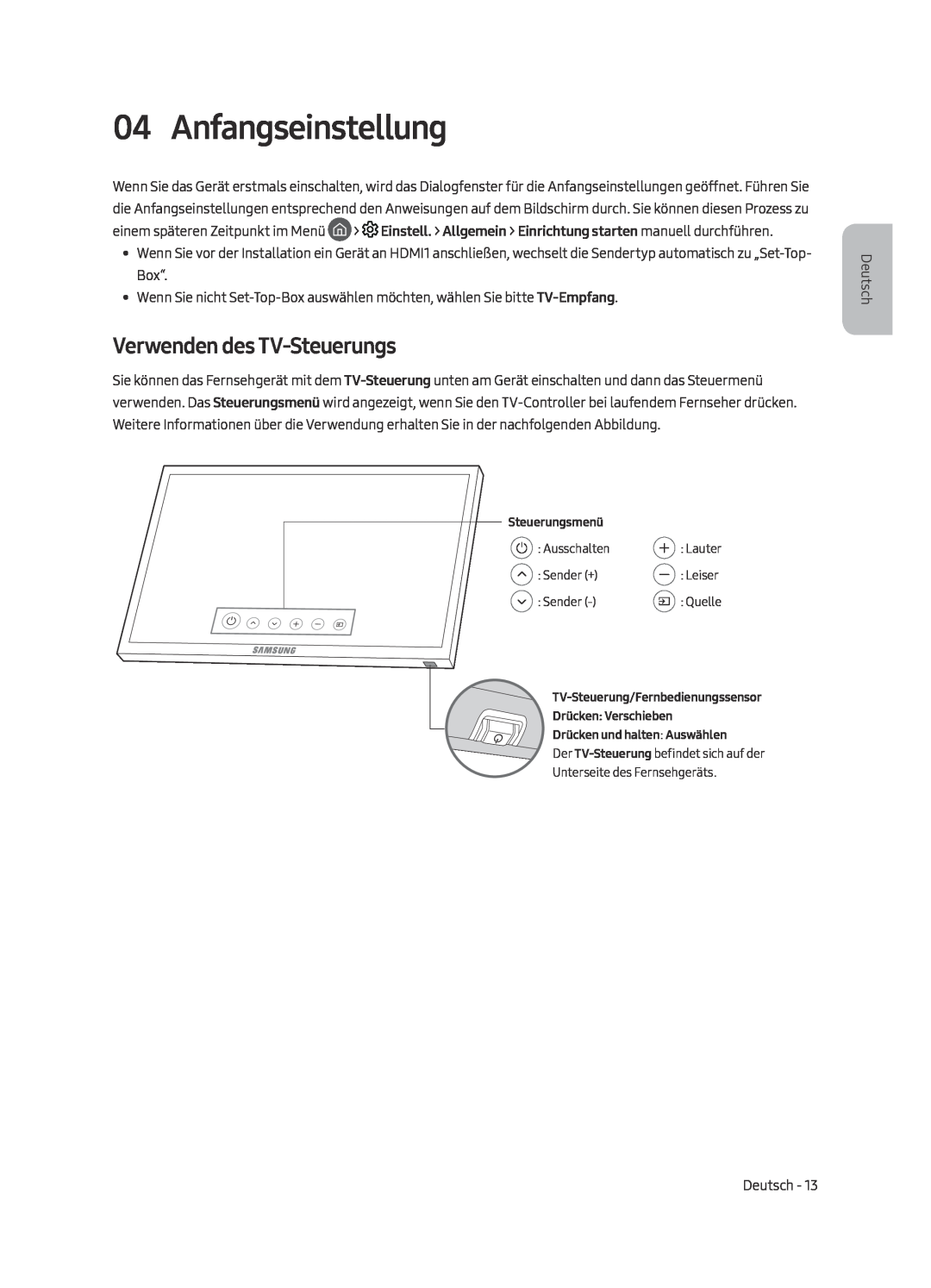 Samsung UE55MU6470UXXU, UE40MU6479UXZG, UE65MU6449UXZG, UE40MU6449UXZG manual Anfangseinstellung, Verwenden des TV-Steuerungs 