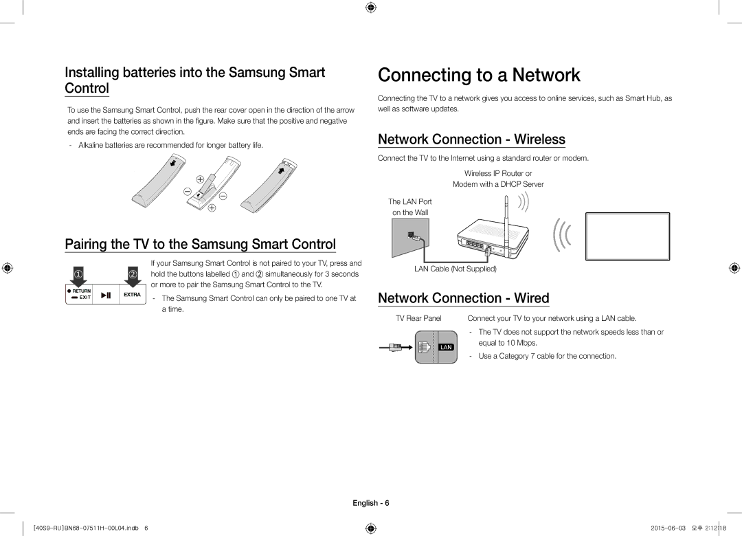 Samsung UE40S9AUXRU Connecting to a Network, Installing batteries into the Samsung Smart Control, Network Connection Wired 