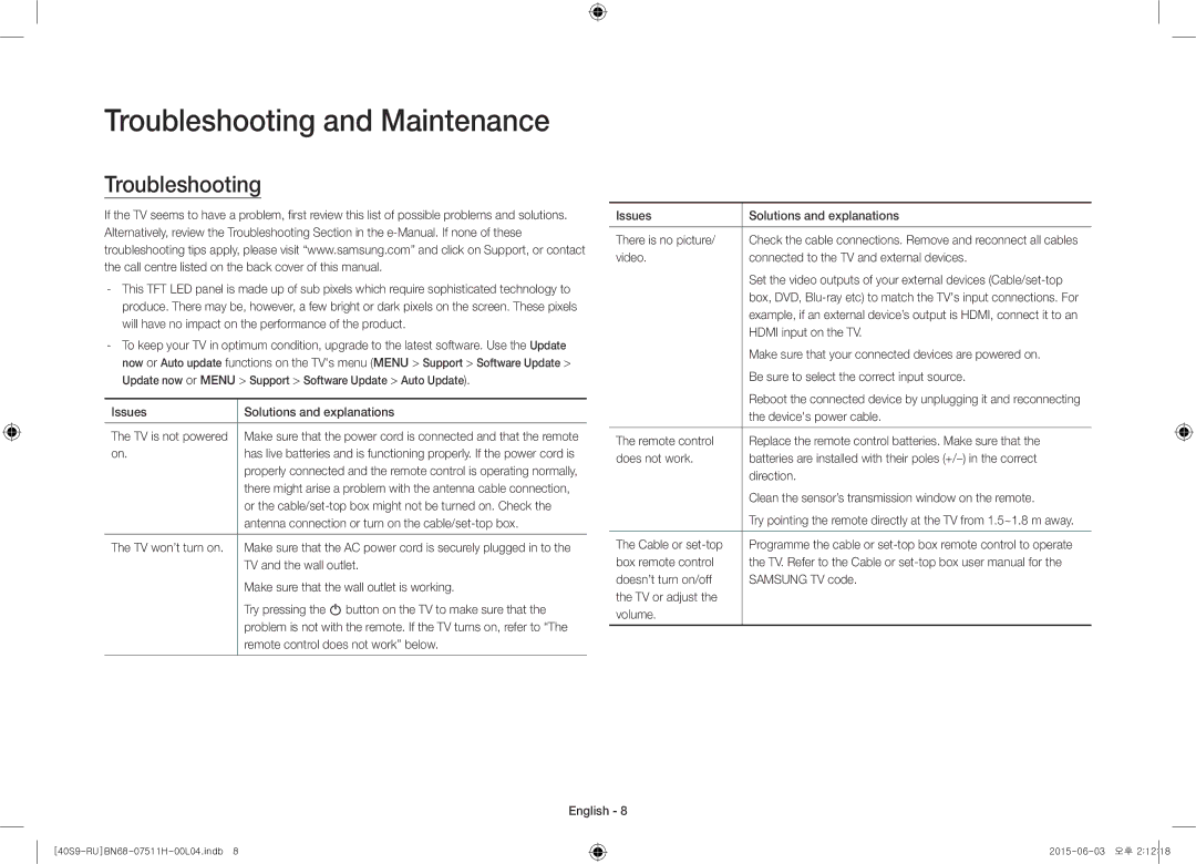 Samsung UE40S9AUXRU manual Troubleshooting and Maintenance 