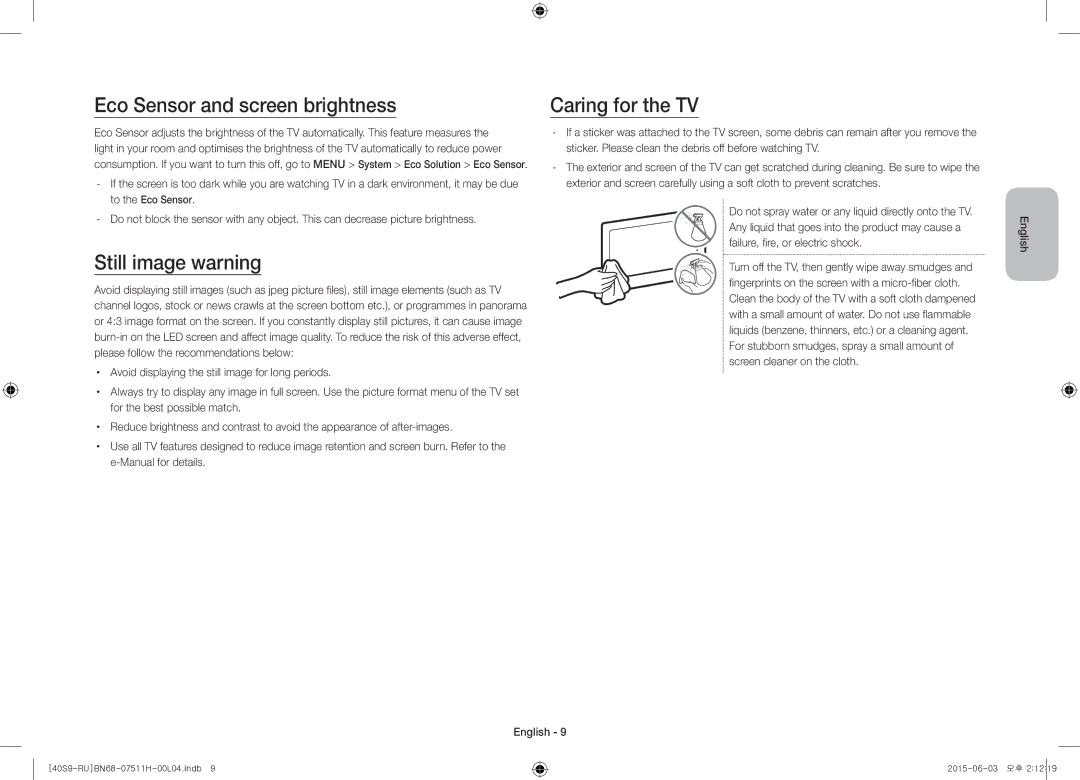 Samsung UE40S9AUXRU manual Eco Sensor and screen brightness, Still image warning, Caring for the TV 