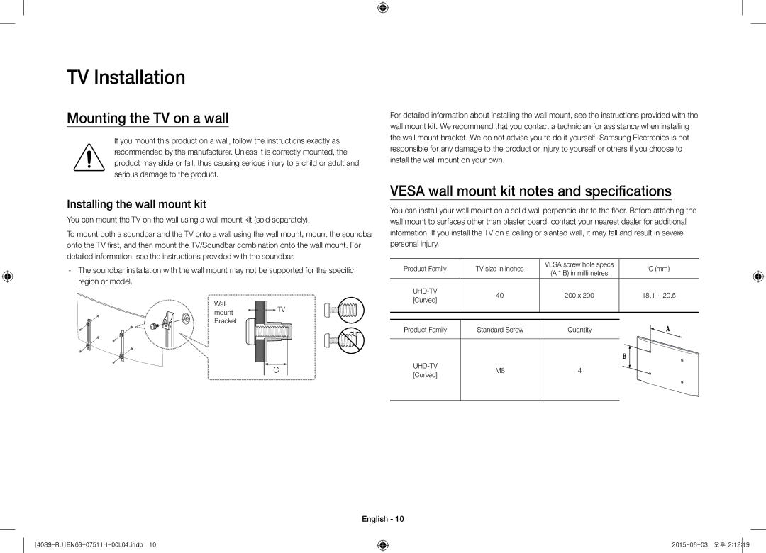 Samsung UE40S9AUXRU manual TV Installation, Mounting the TV on a wall, Vesa wall mount kit notes and specifications 