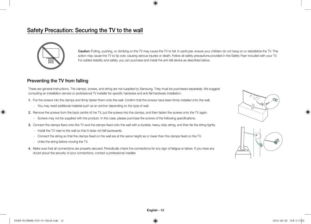 Samsung UE40S9AUXRU manual Safety Precaution Securing the TV to the wall, Preventing the TV from falling 