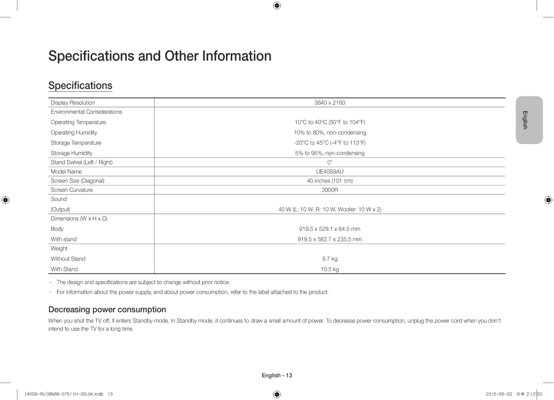 Samsung UE40S9AUXRU manual Specifications and Other Information, Decreasing power consumption 