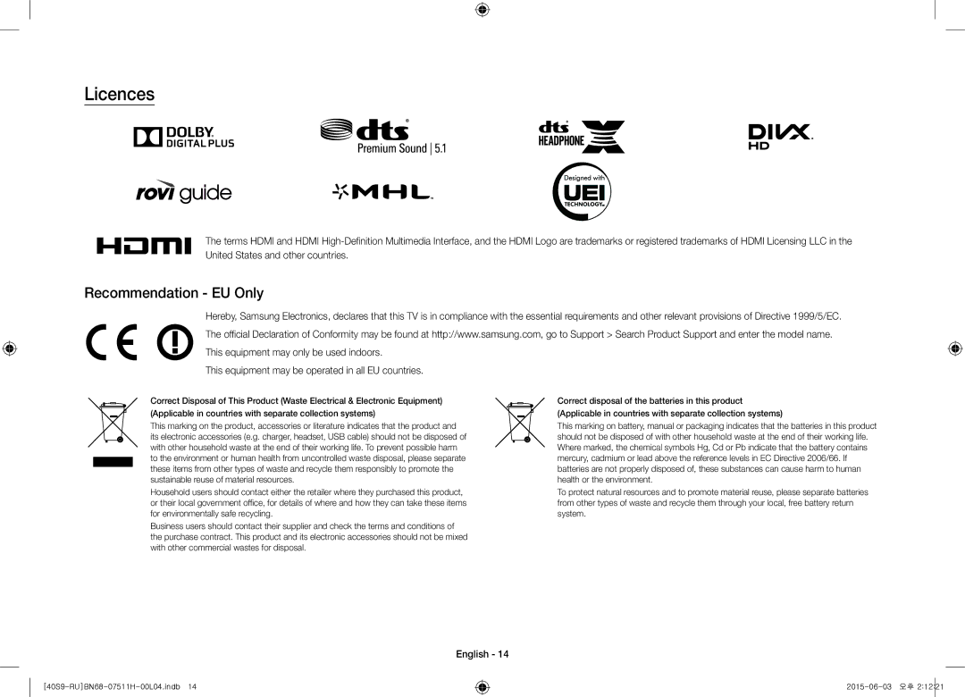 Samsung UE40S9AUXRU manual Licences, Recommendation EU Only, This equipment may be operated in all EU countries 