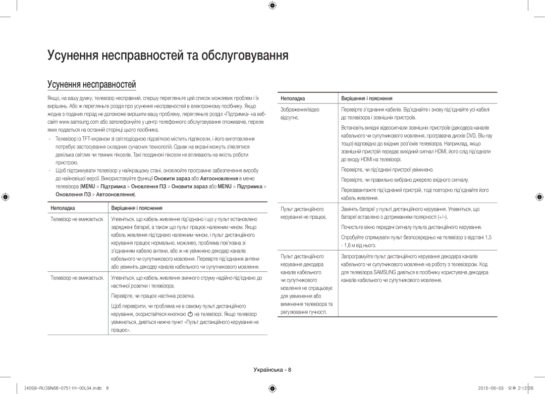 Samsung UE40S9AUXRU manual Усунення несправностей та обслуговування 