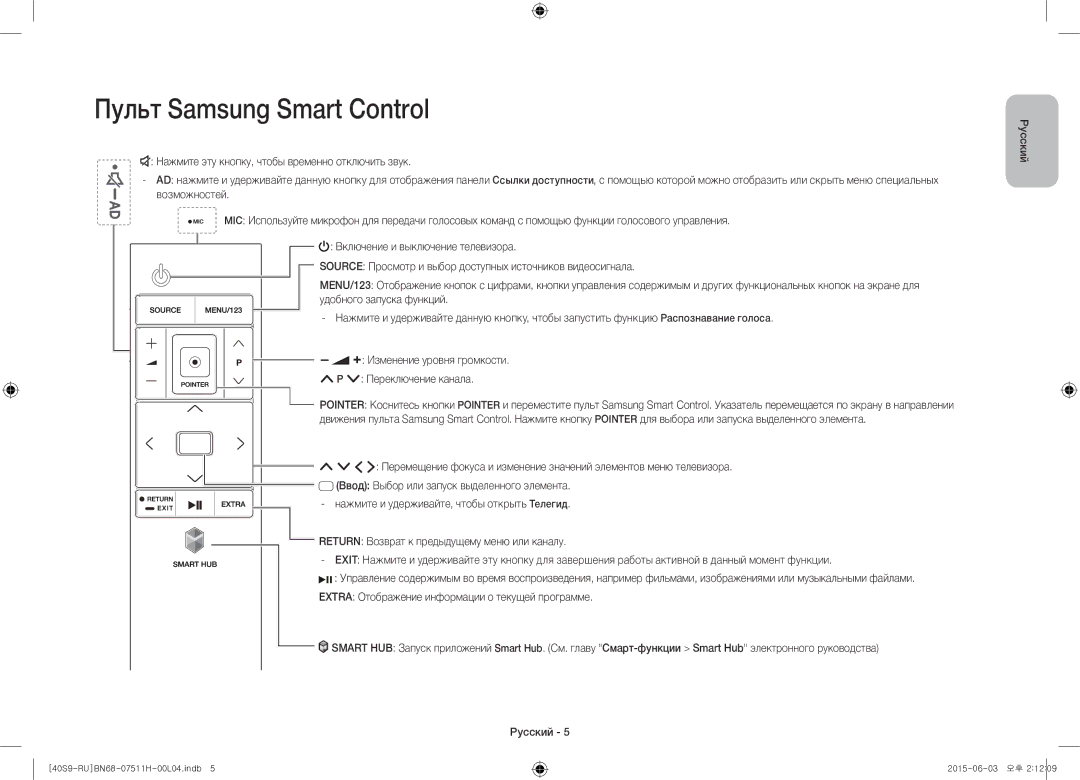 Samsung UE40S9AUXRU manual Пульт Samsung Smart Control 