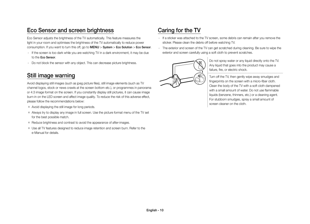 Samsung UE40S9AUXXC manual Eco Sensor and screen brightness, Still image warning, Caring for the TV 