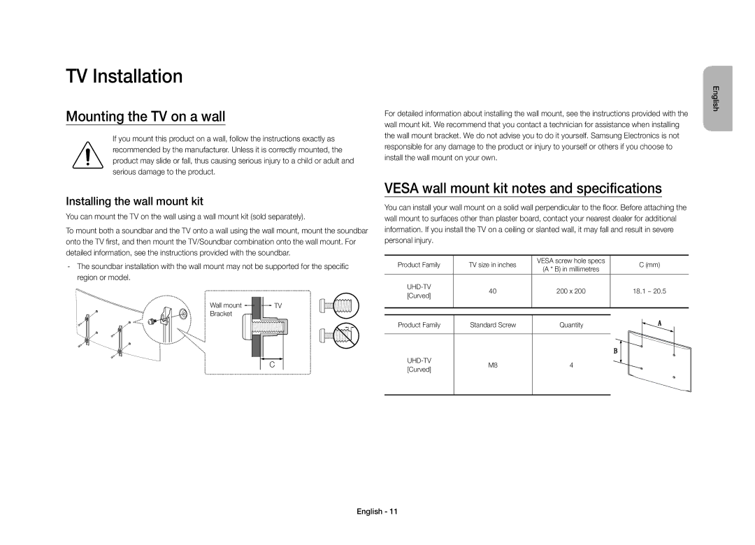 Samsung UE40S9AUXXC manual TV Installation, Mounting the TV on a wall, Vesa wall mount kit notes and specifications 