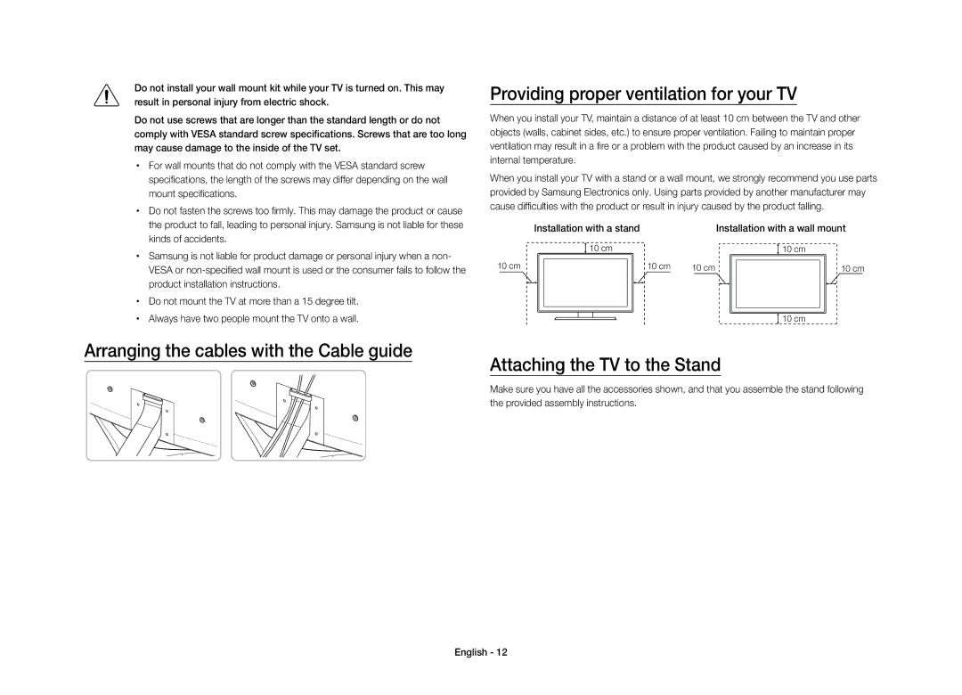 Samsung UE40S9AUXXC manual Providing proper ventilation for your TV 