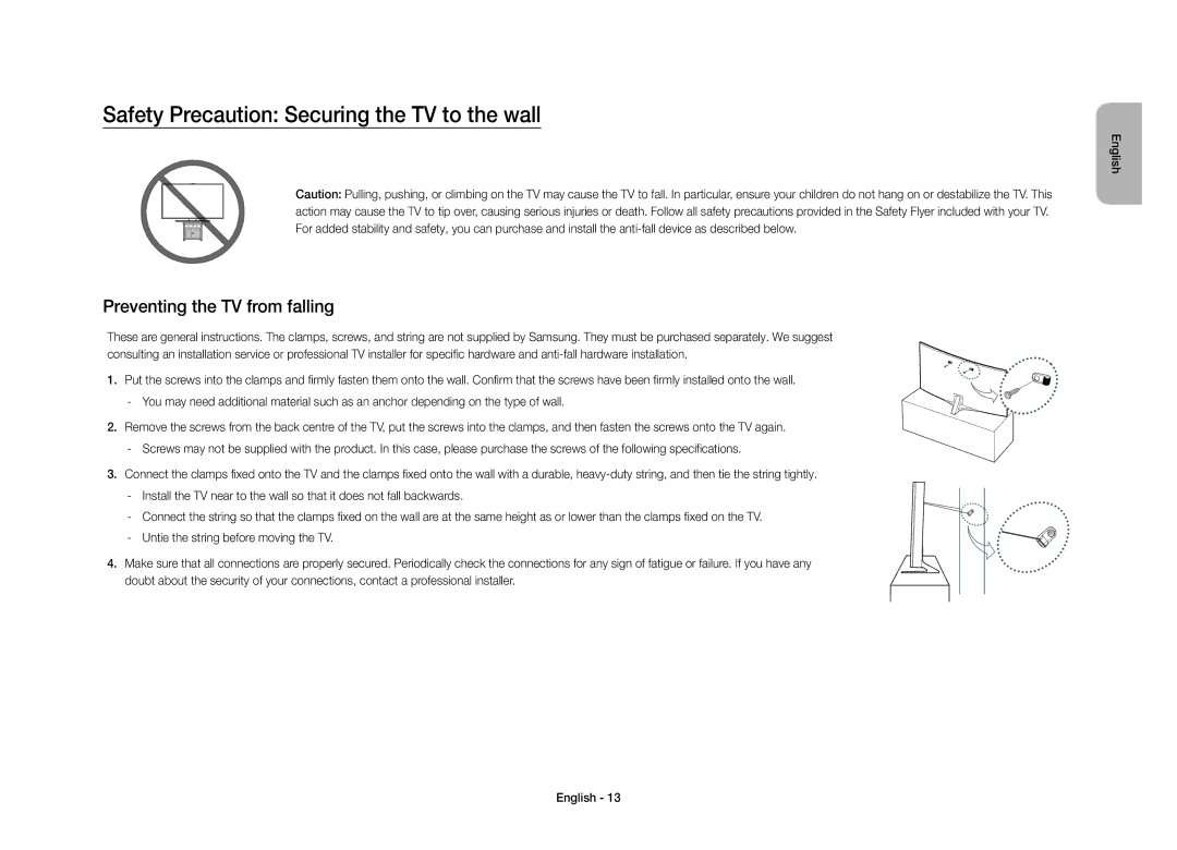 Samsung UE40S9AUXXC manual Safety Precaution Securing the TV to the wall, Preventing the TV from falling 