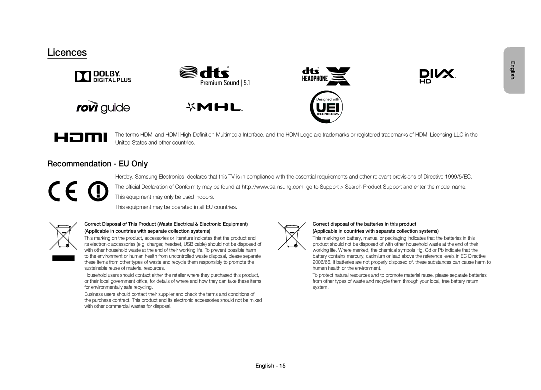 Samsung UE40S9AUXXC manual Licences, Recommendation EU Only, This equipment may be operated in all EU countries 