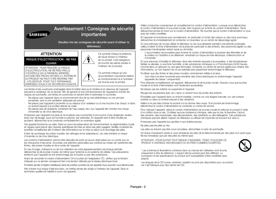 Samsung UE40S9AUXXC manual Avertissement ! Consignes de sécurité Importantes, Français 