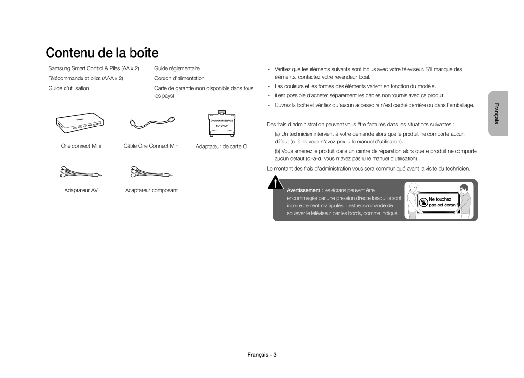 Samsung UE40S9AUXXC manual Contenu de la boîte, One connect Mini Câble One Connect Mini 