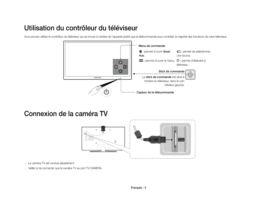 Samsung UE40S9AUXXC manual Utilisation du contrôleur du téléviseur, Connexion de la caméra TV, Une source 