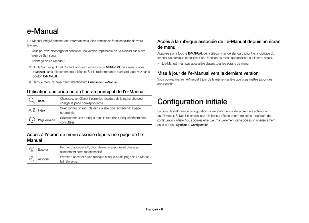 Samsung UE40S9AUXXC manual Configuration initiale, Utilisation des boutons de lécran principal de le-Manual 