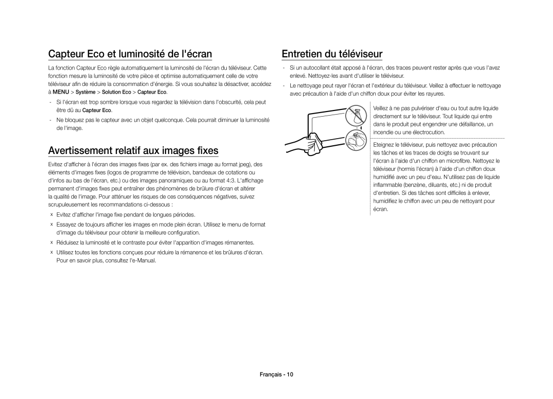 Samsung UE40S9AUXXC Capteur Eco et luminosité de lécran, Avertissement relatif aux images fixes, Entretien du téléviseur 