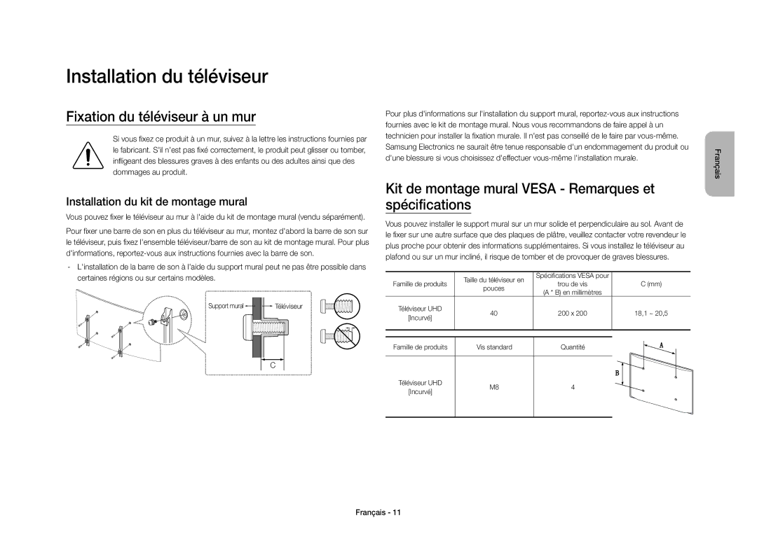 Samsung UE40S9AUXXC Installation du téléviseur, Fixation du téléviseur à un mur, Installation du kit de montage mural 