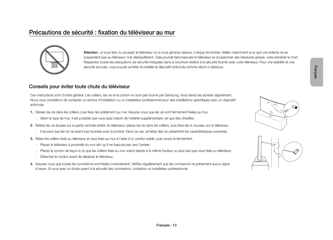 Samsung UE40S9AUXXC Précautions de sécurité fixation du téléviseur au mur, Conseils pour éviter toute chute du téléviseur 